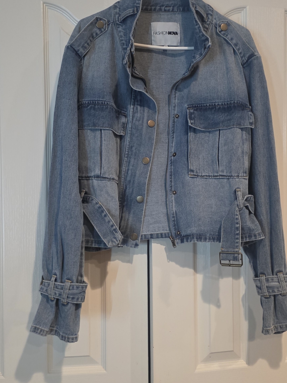 Fashion Nova Light Wash Denim Utility Jacket with Belted Tabs
